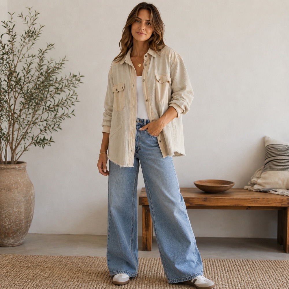 Thread & Supply Ecru Mixed Media Corduroy Shacket Raw Hem Small